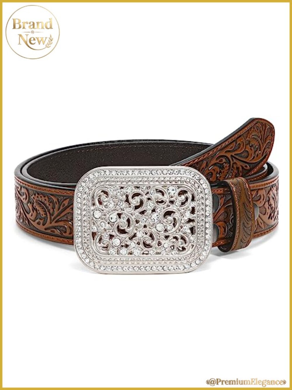 Genuine Leather Western Belt with Silver Diamond Buckle